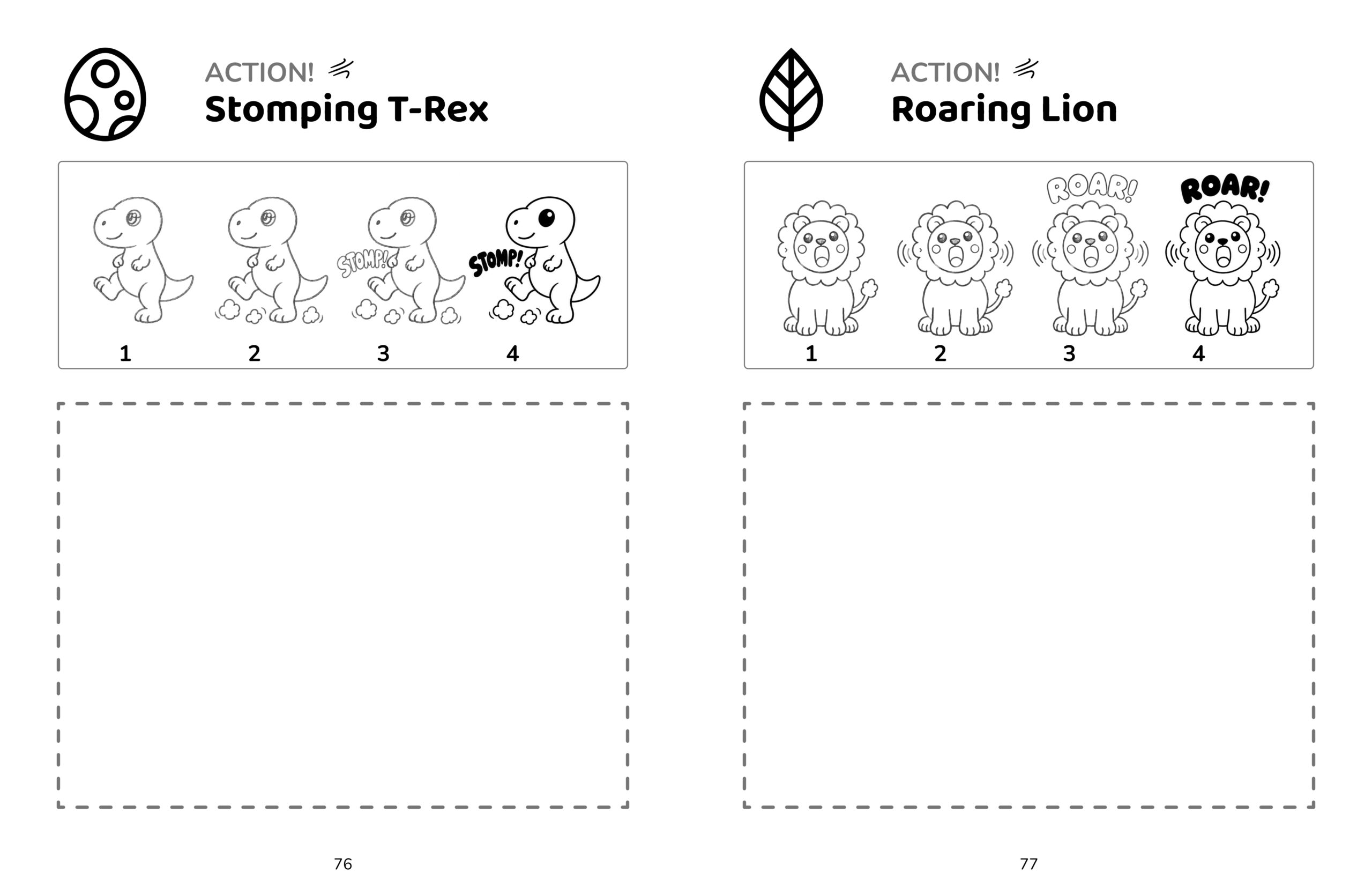 Action drawing lessons featuring a stomping T-Rex and roaring lion
