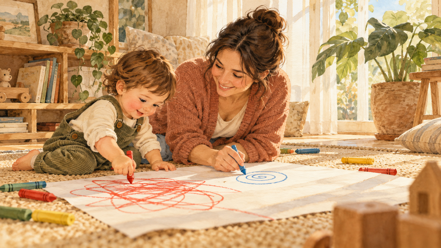 A mother and her toddler sit on a rug in a sunny living room, scribbling together on a big sheet of paper with chunky crayons.