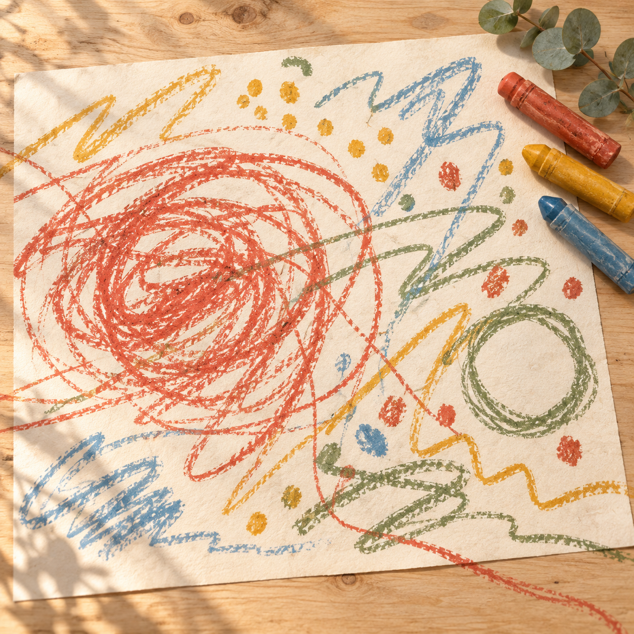 A sheet of paper covered with a toddler's crayon scribbles: spirals, dots and zigzag lines in red, ochre, green and blue.