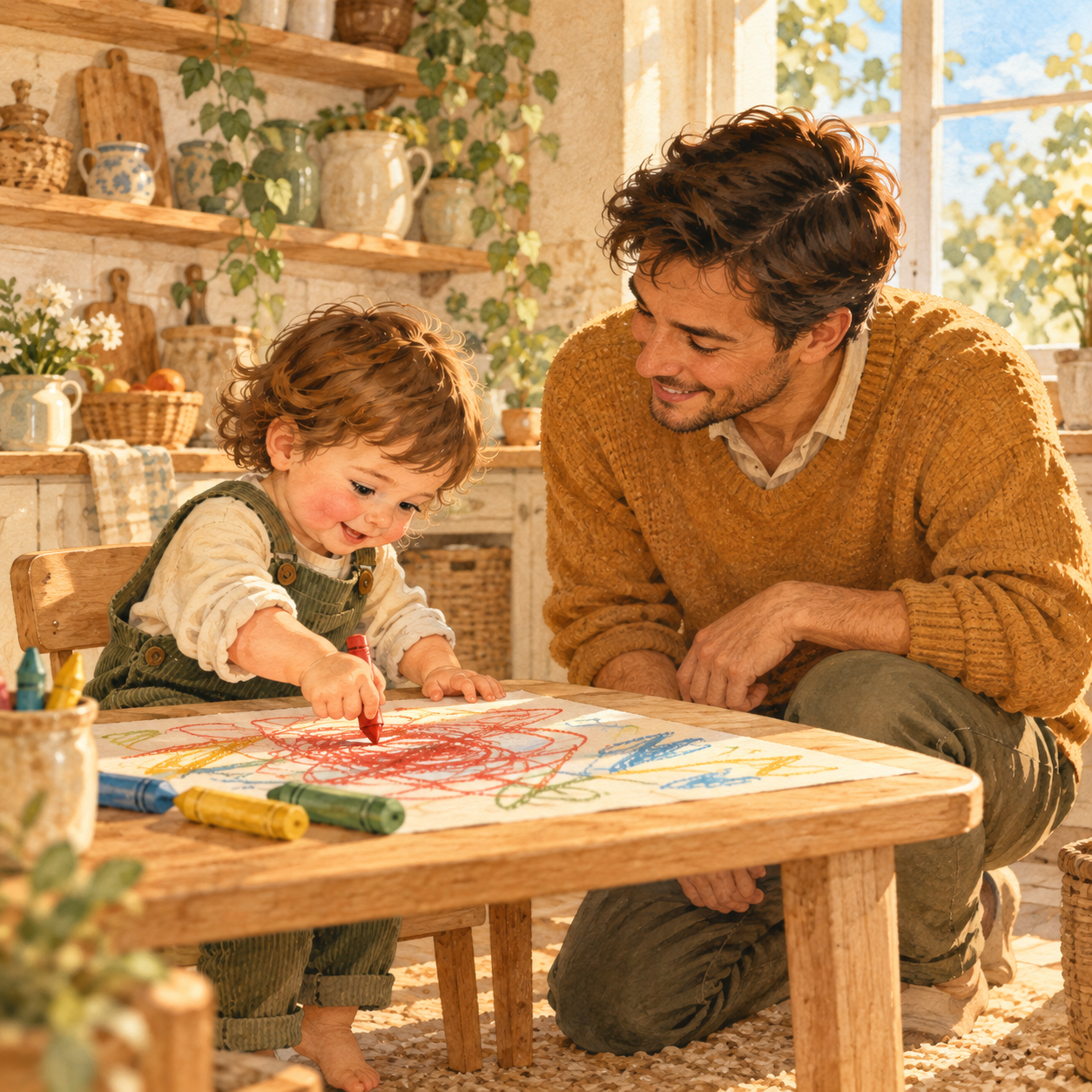 A father kneels at eye level beside his toddler, who is coloring at a small table, and looks at the drawing with a smile.