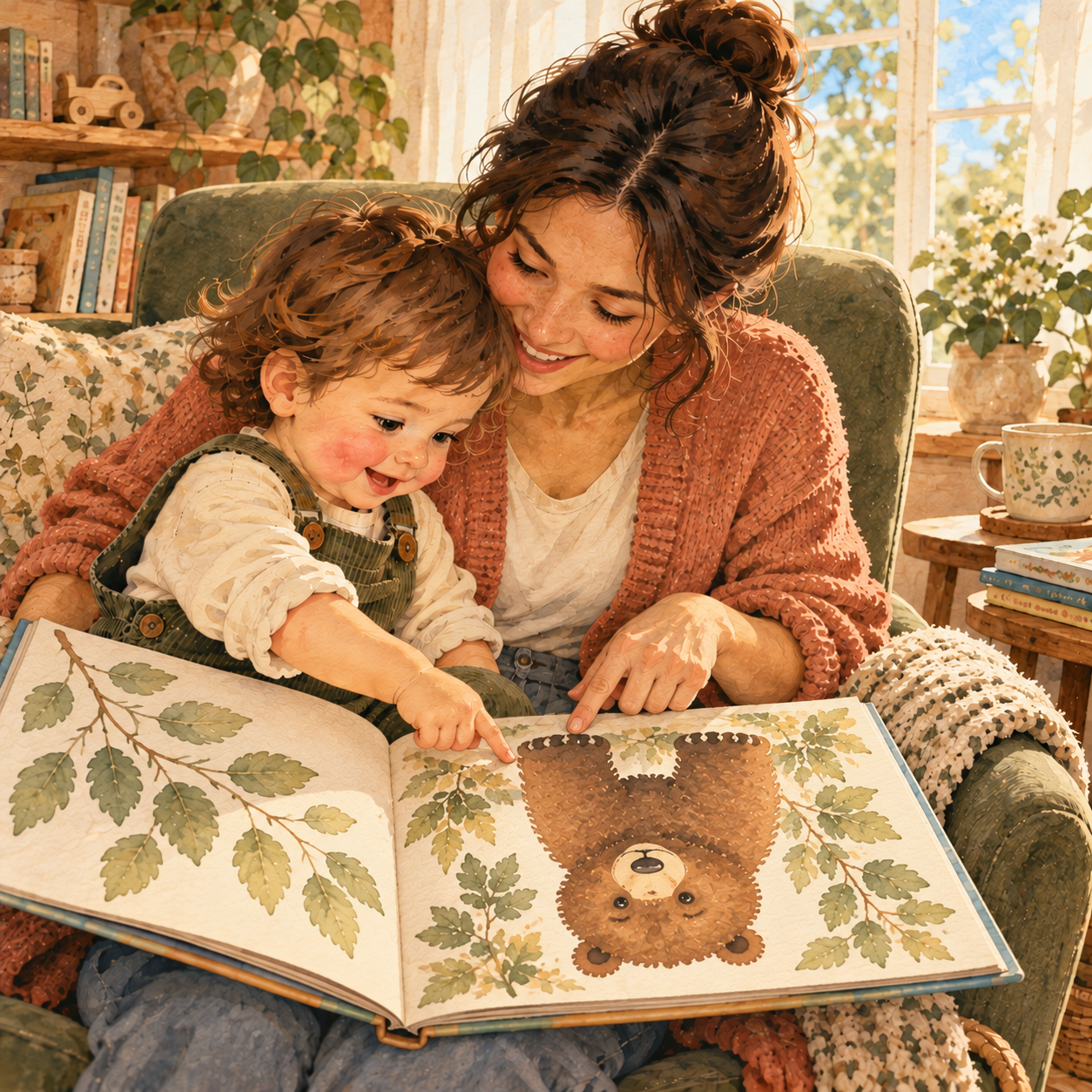 A mother and her toddler point together at a bear in an open picture book.