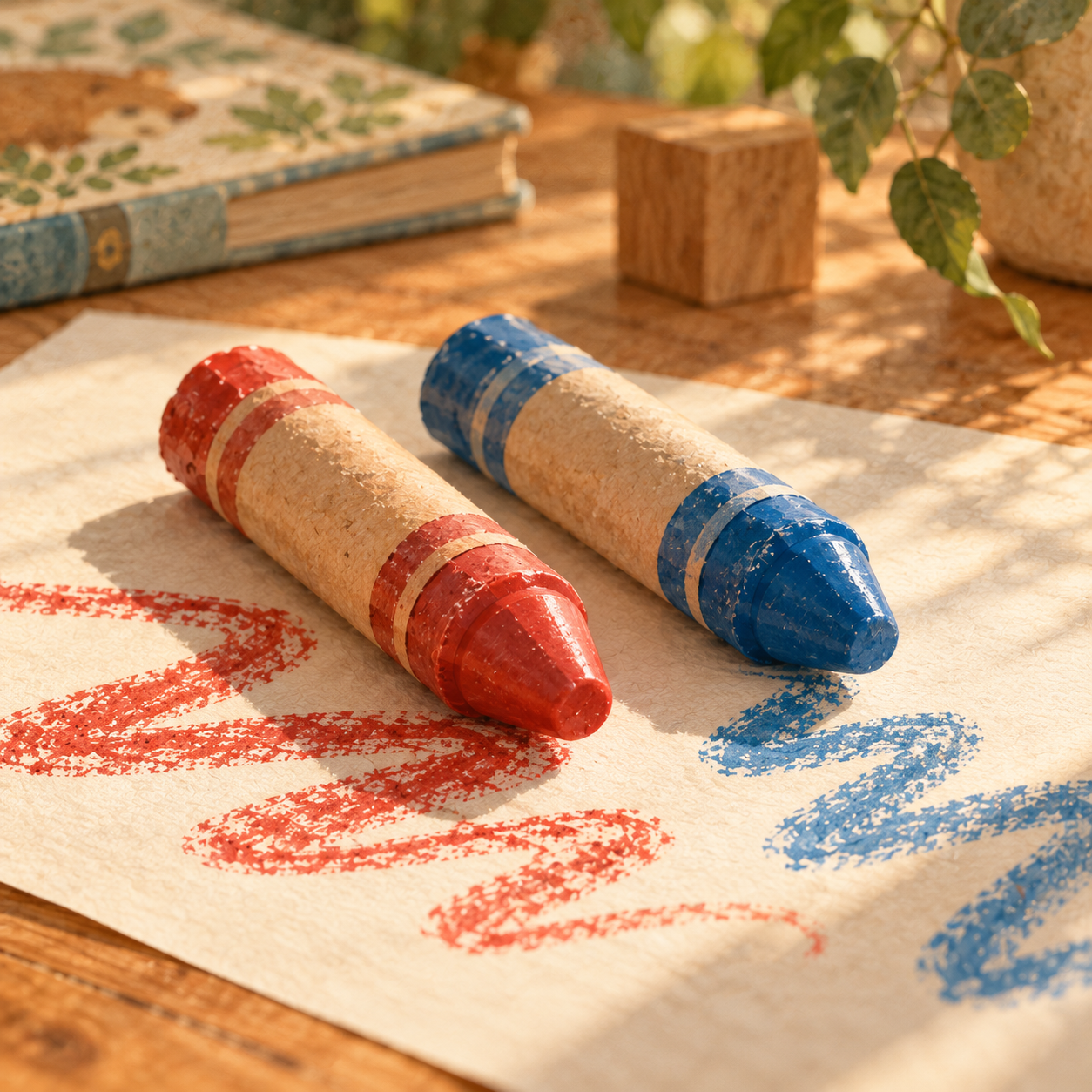 Two chunky crayons, one red and one blue, lying on a sheet of paper next to short crayon scribbles.