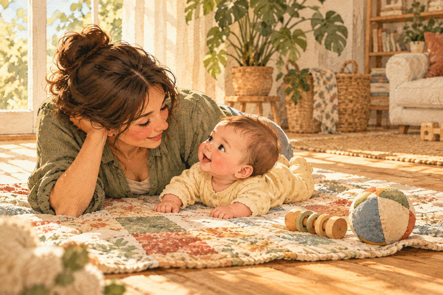 A mother lies on a quilt facing her baby, who lies on their tummy with head lifted and looks up at her smiling face.