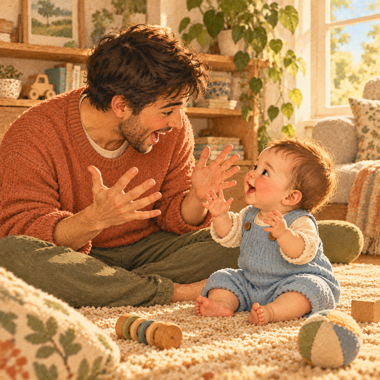 A father sits face to face with his baby, who is babbling with hands raised, and copies the baby's expression with a smile.