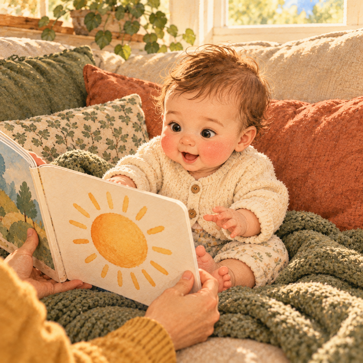 A baby propped on cushions looks at a large board book held open by their mother's hands, with one big yellow sun on the page.