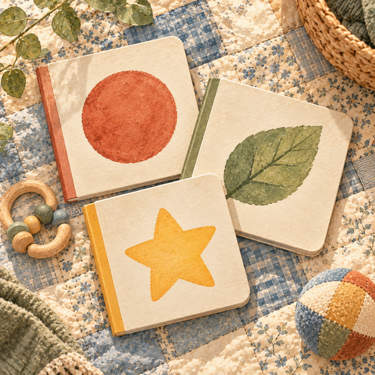 Three sturdy board books, a wooden teething ring and a small cloth ball on a patterned quilt, seen from above.