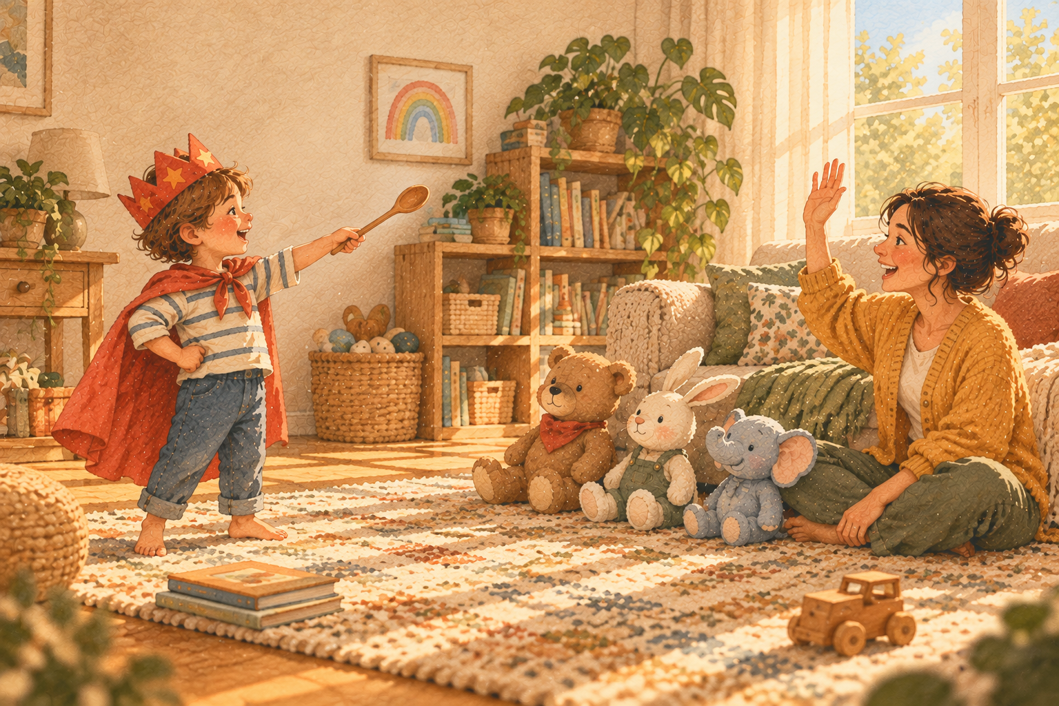 A child in a red cape points a wooden spoon like a teacher's pointer at a row of stuffed animals, while their mother sits among the toys and plays along as a student.