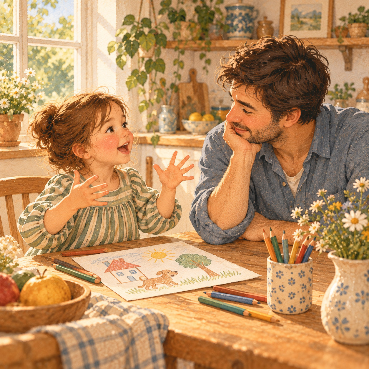 A father rests his chin on his hand and listens closely to his daughter, who tells a story with big gestures, with a sheet of simple drawings on the table between them.