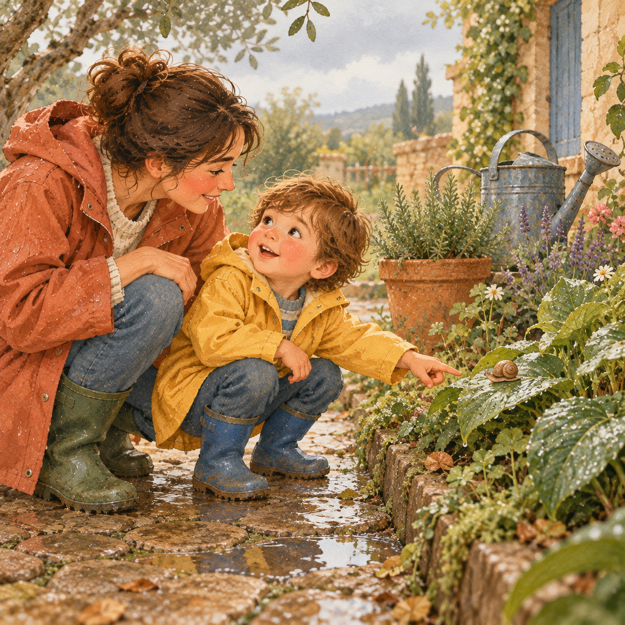 A mother crouches beside her son on a garden path after the rain while he points at a snail on a leaf and asks a question.