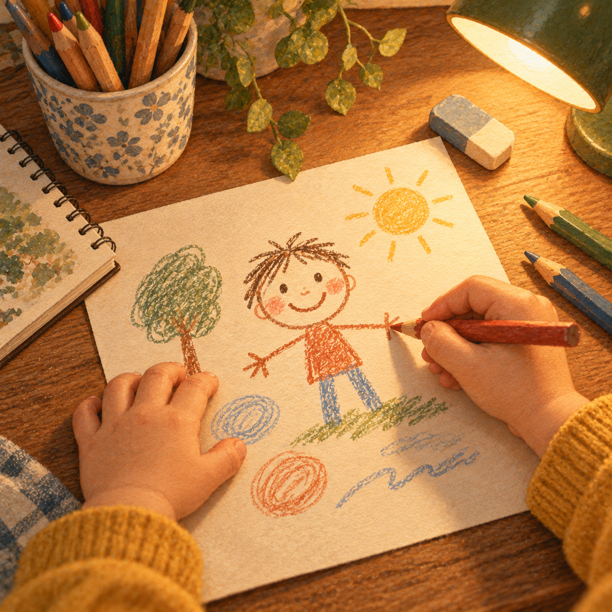 A child's hands hold a chunky pencil and draw a simple smiling person on a sheet of paper, next to a cup of colored pencils.