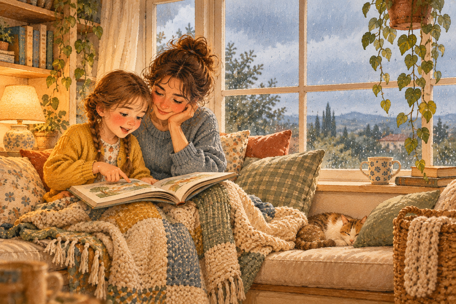 A mother and her daughter share an open chapter book on a cushioned window seat on a rainy day, the girl pointing at a page.