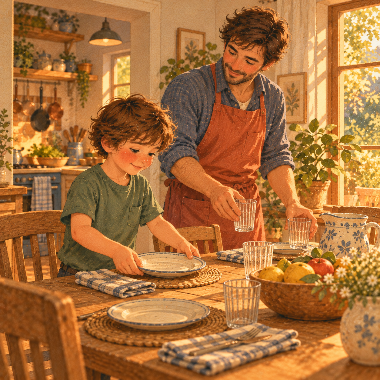 A boy sets plates on the dining table while his father puts out glasses beside him and smiles at him.