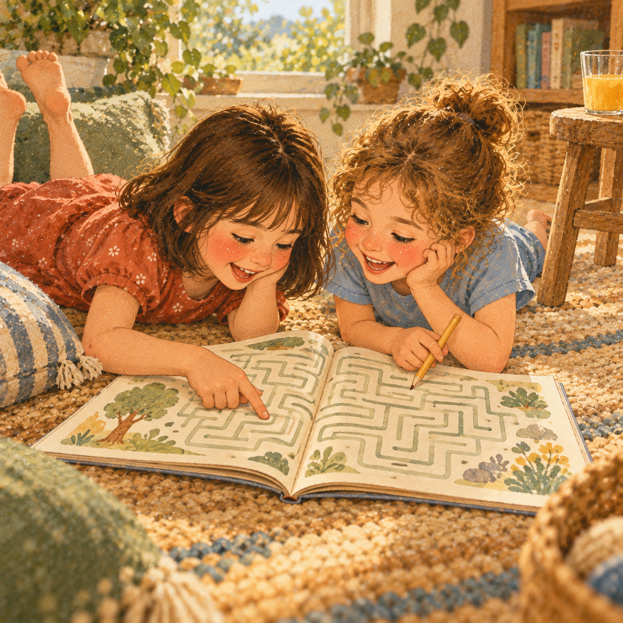 Two girls lie on a rug over an open activity book with a maze, one tracing a path with her finger and the other pointing at a dead end, both laughing.