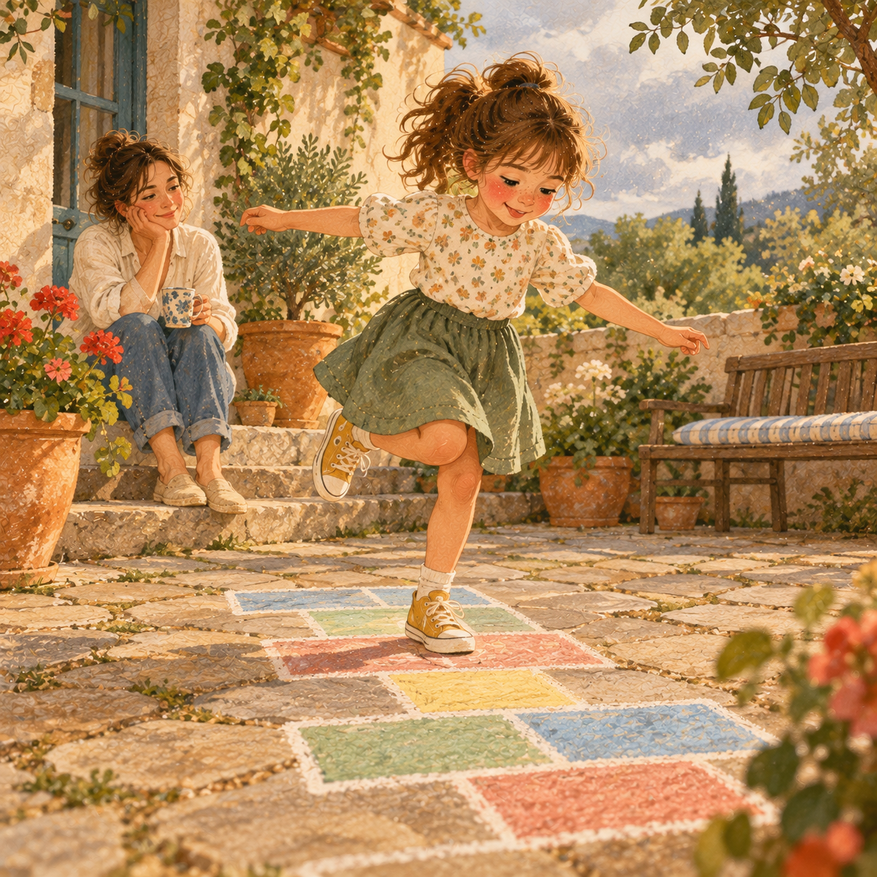 A girl balances on one foot, mid-hop, on a chalk hopscotch path in a courtyard while her mother watches from the steps.