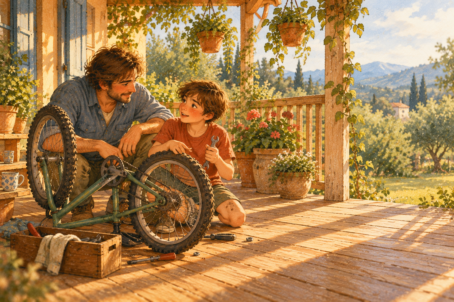 A father crouches on a sunny porch beside his son, who explains what he thinks is wrong with the wheel of an upside-down bicycle while holding a small wrench.