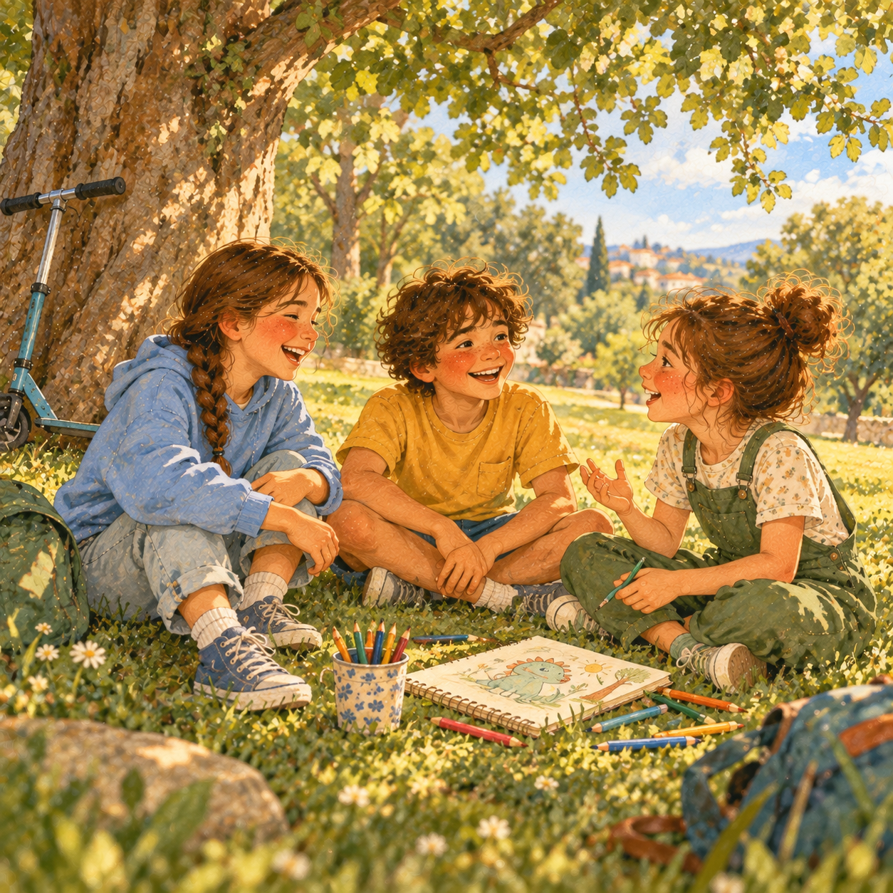 Three friends sit in a circle on the grass under a tree and laugh together, with a sketchbook open in front of them.