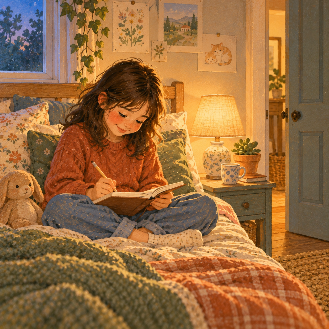 A girl sits on her bed writing in a small notebook by lamplight, with her bedroom door slightly open behind her.