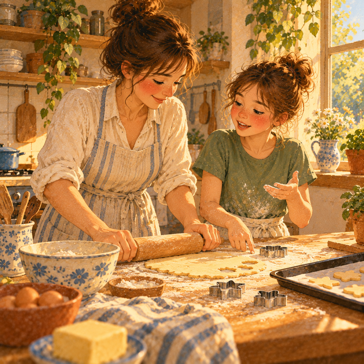 A mother and her daughter stand side by side at a kitchen counter rolling out cookie dough and talking easily while they work.