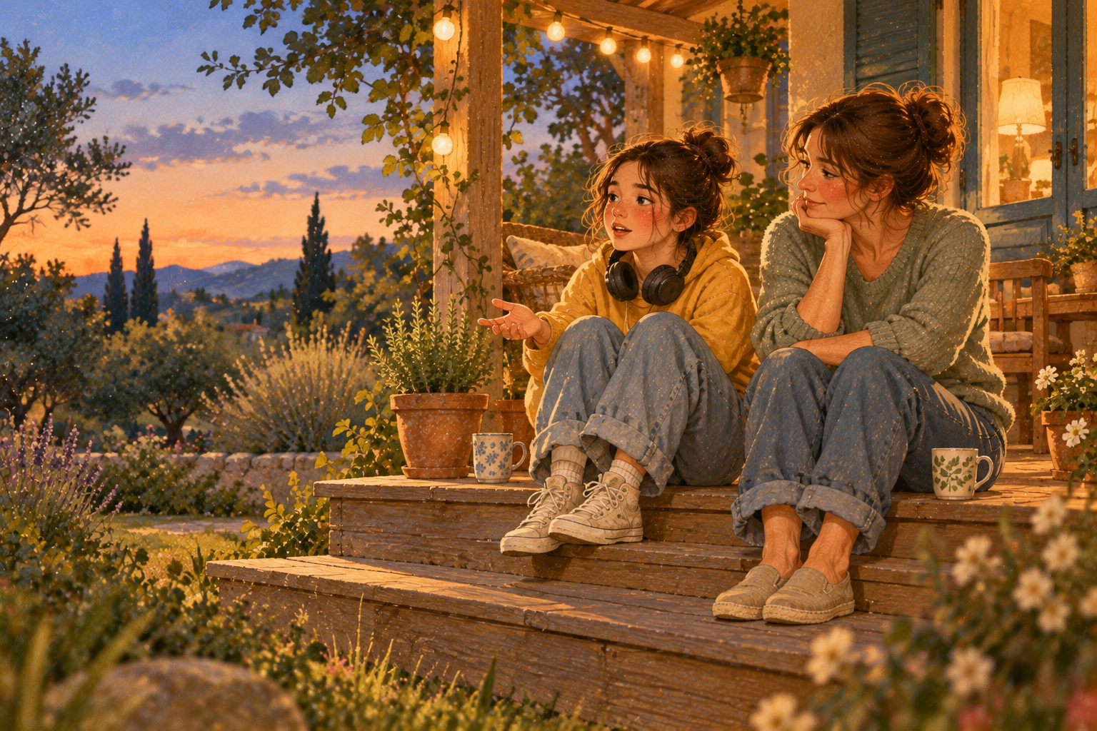 A mother sits on porch steps at dusk beside her teenage daughter, who looks out at the garden and talks while her mother listens quietly.