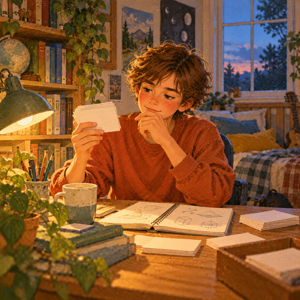 A boy sits at his desk by lamplight holding a stack of index cards and testing himself, with an open notebook of loose diagrams beside him.