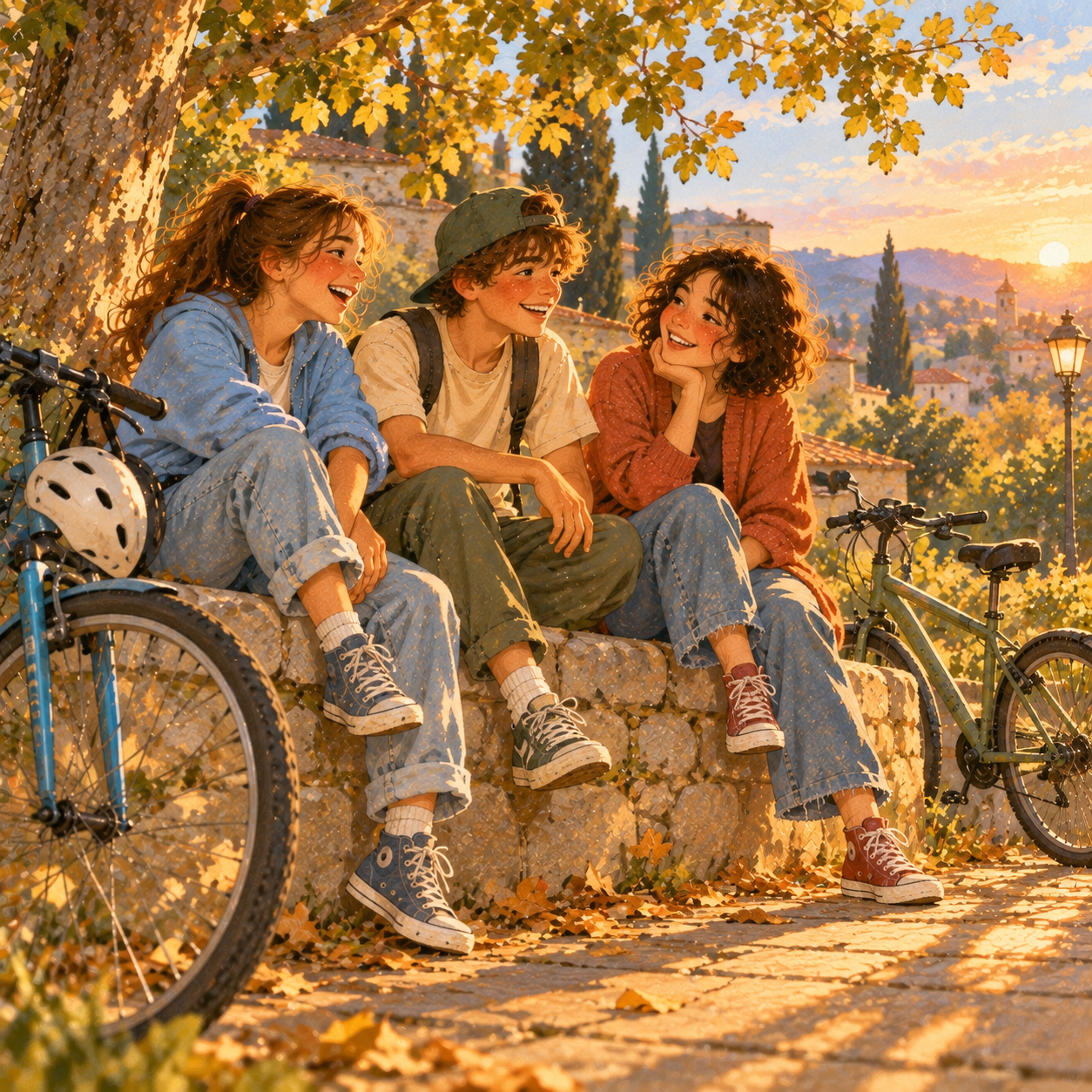 Three teenagers laugh together beside a low stone wall, with their bicycles parked next to them.