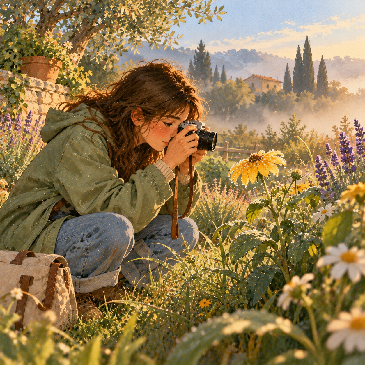 A girl in a raincoat crouches in a garden and frames a dew-covered yellow flower with a small camera.
