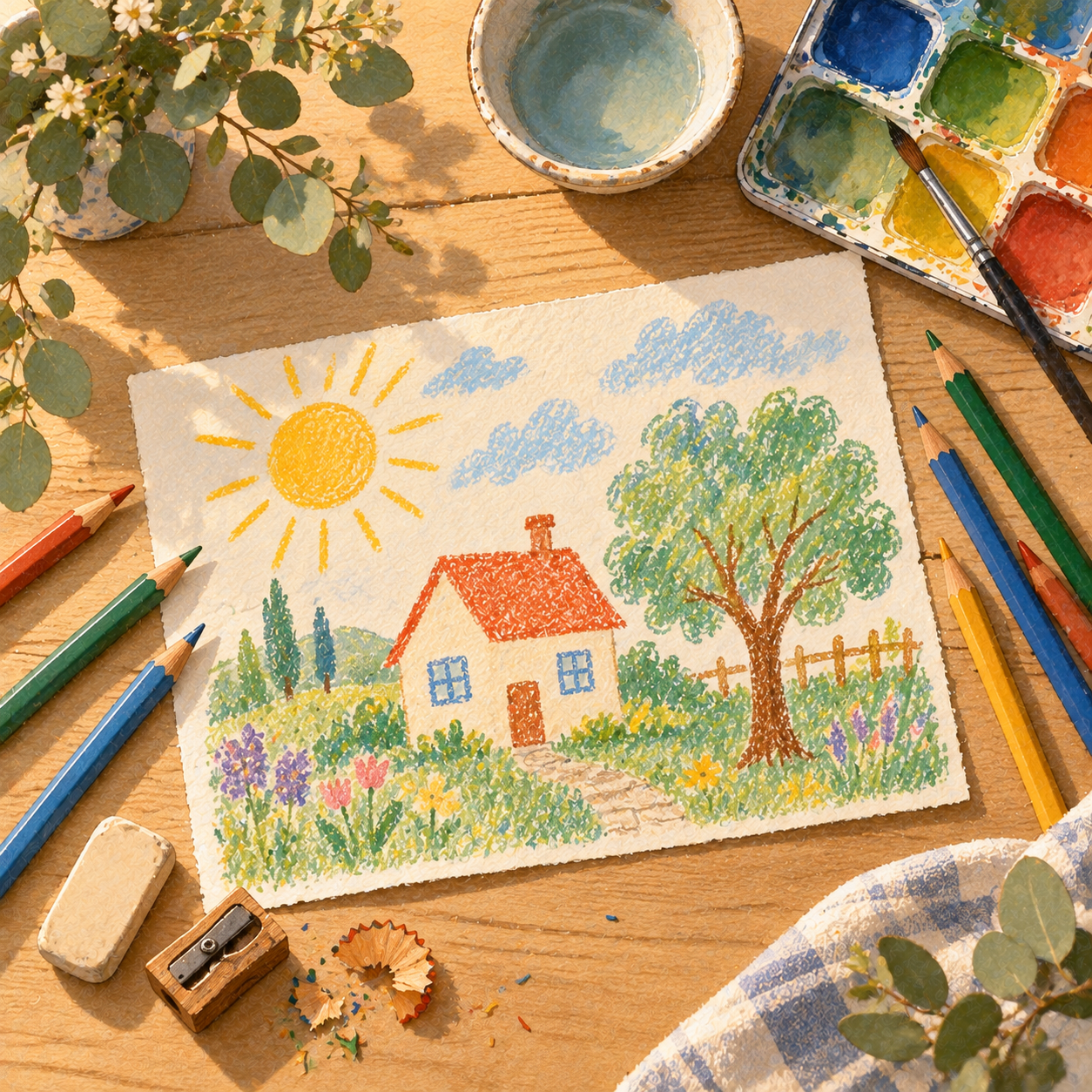 A child's crayon drawing of a house, a sun and a tree, surrounded by colored pencils, a small watercolor palette and a brush on a wooden table, seen from above.