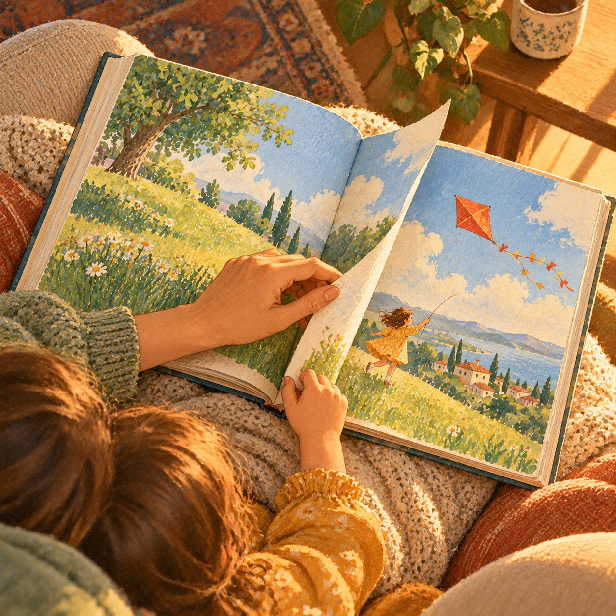 A mother's hand and a small child's hand turn the page of a large picture book together.