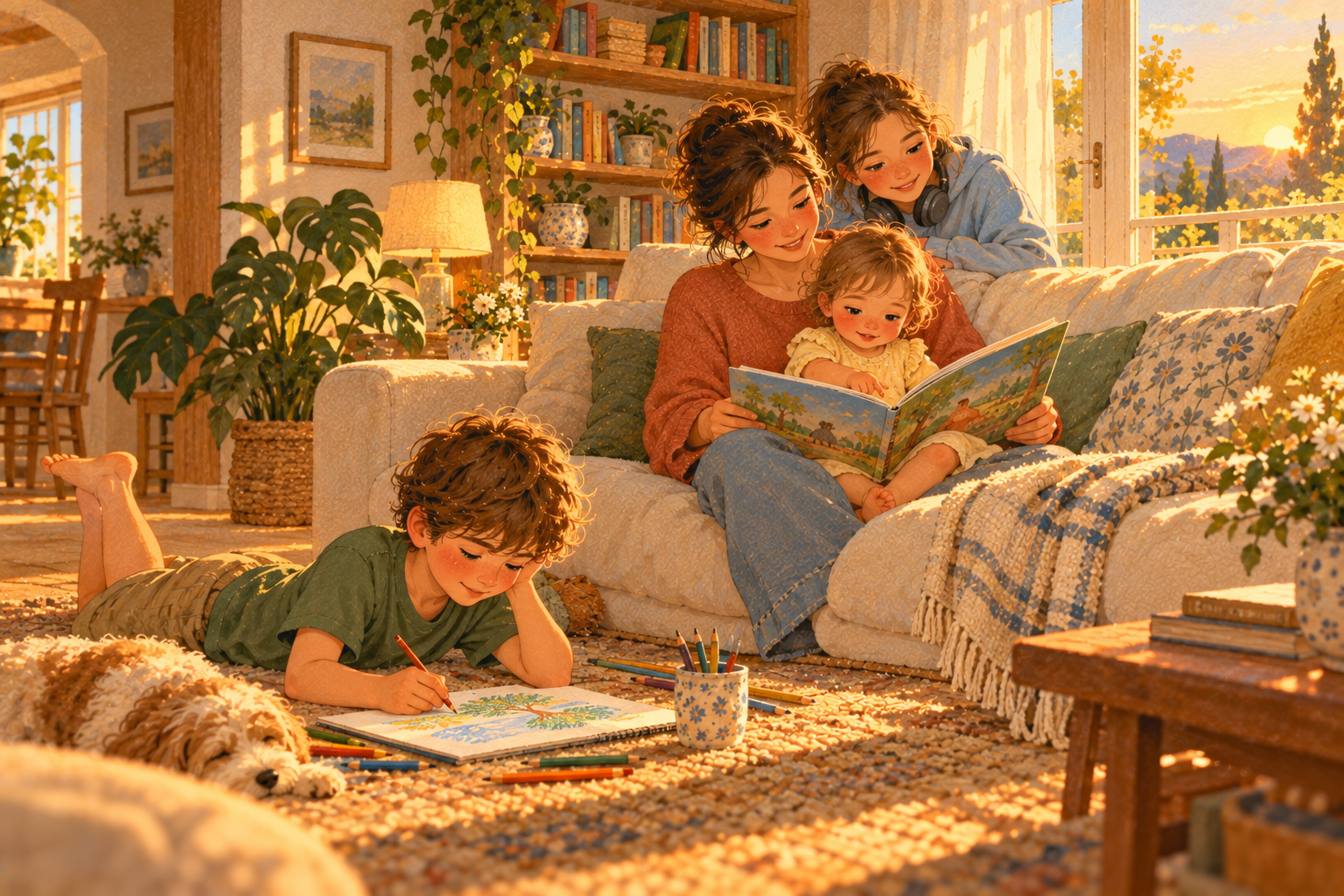 A mother reads a picture book to a toddler on her lap while an 8-year-old draws on the rug and a teenage girl leans over the back of the sofa, smiling.