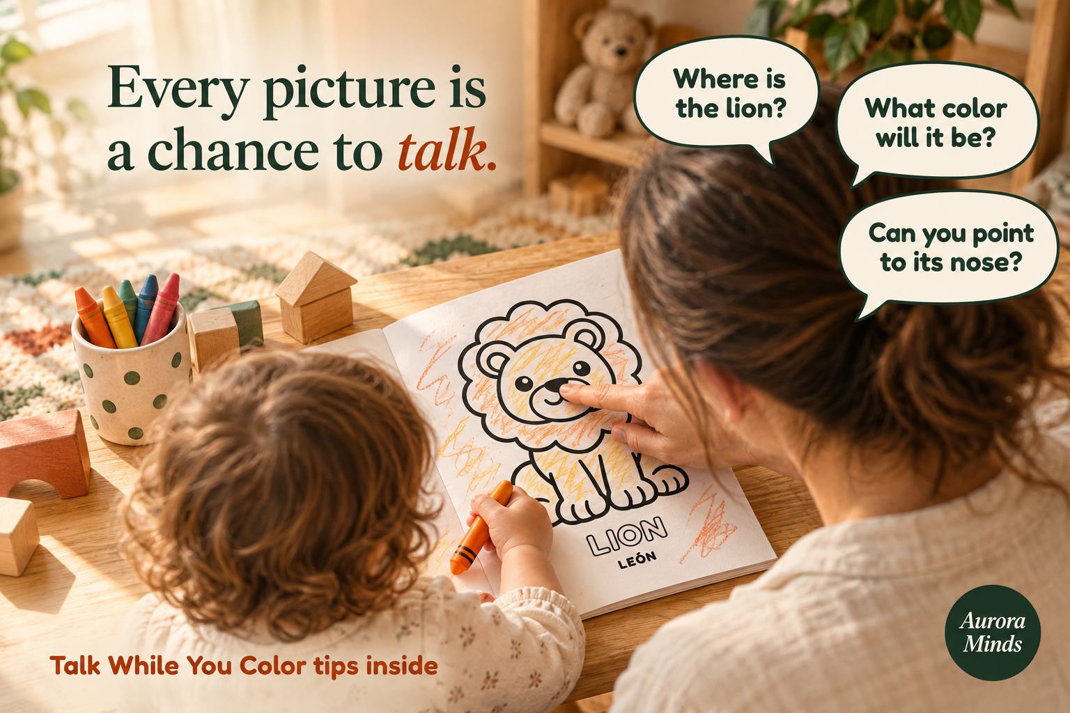An adult and toddler sharing a coloring activity
